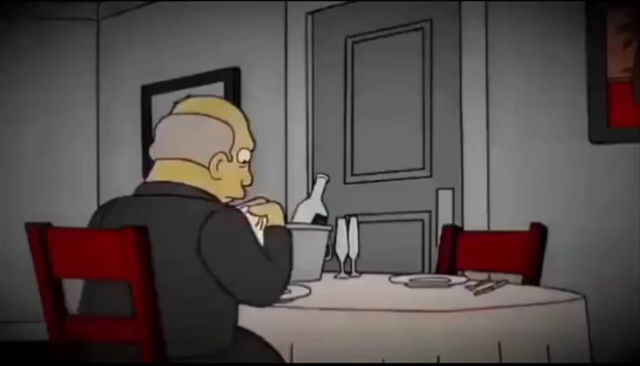 A video of characters from The Simpson's named Seymour Skinner and Superintendent Gary Chalmers sitting at a fancily decorated table in Seymour's house partially redubbed with AI voices in order to say different things. Seymour is holding a plate of hamburgers as the original plot revolved around him not preparing the meal he originally promised named “Steamed Hams”.

In the background there's a door through which Seymour walks and afterwards gets confronted about. On the other side you can see…