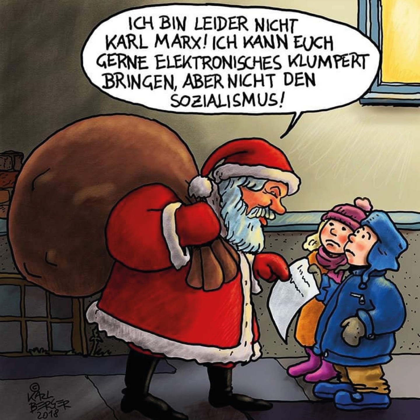 Ein Bild der KPÖ auf dem der Weihnachtsmann Kindern sagt „Ich bin leider nicht Karl Marx! Ich kann euch gerne elektronisches Klimpert bringen, aber nicht den Sozialismus!”. Die Kinder scheinen enttäuscht zu sein.