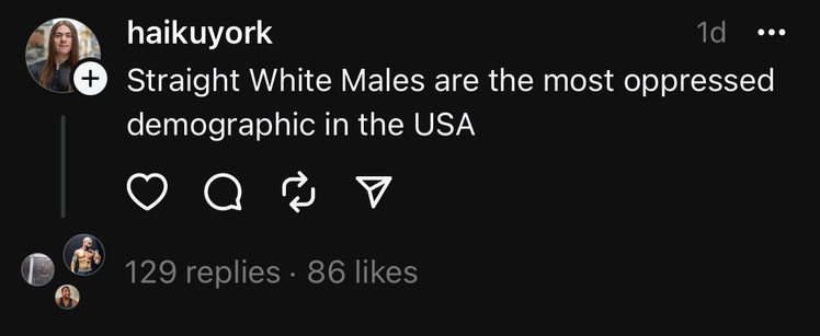 A Threads user writing the following: Straight white males are the most oppressed demographic in the USA.