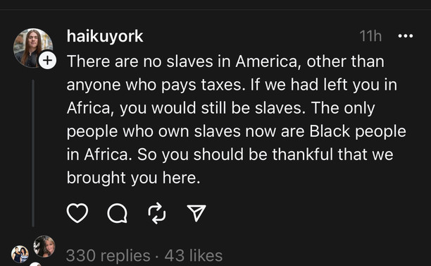 A threads user writing the following: there are no slaves in America, other than anyone who pays taxes. If we had left you in Africa, you would still be slaves. The only people who own slaves now are black people in Africa. So you should be thankful that we brought you here.
