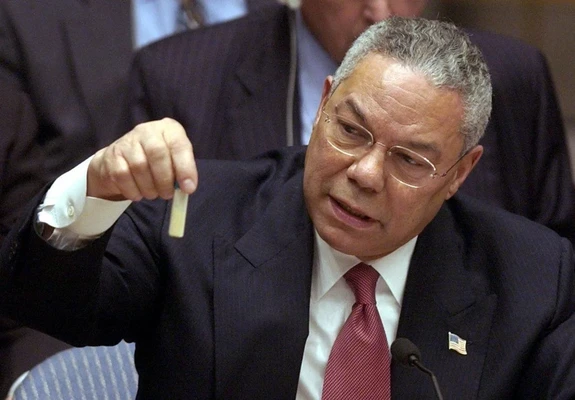 U.S. Secretary of State Colin Powell holding a model vial of anthrax while giving a presentation to the United Nations Security Council on Iraq's alleged chemical weapon program. 5th of February 2003.