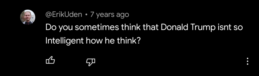 A YouTube Comment by Erik Uden from “7 years ago” saying “Do you sometimes think that Donald Trump isn't so intelligent how he think?”

YouTube Comment under a Minecraft Video (https://youtu.be/rL_5FrJvHB0 in May 2016