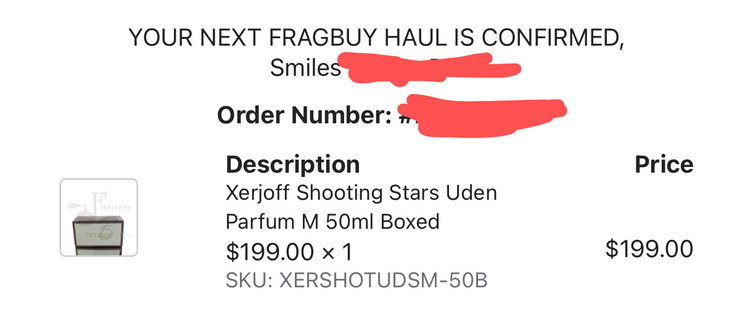 A screenshot of a purchase confirmation with identity details and the order number censored. The Xerjoff Uden perfume was bought for 199.00 dollar.