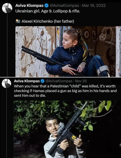 A screenshot of Twitter by Aviva Klompas, showing how he praises a Ukrainian girl with a rifle but condemns a Palestinian child with a rifle with the intent of justifying their deaths.