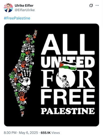 Der berühmte Tweet von Ulrike Eifeler der durch die Presse geschossen ist mit dem Hashtag „Free Palestine” und der Aufschrift „All United for Free Palestine”. Die Karte daneben zeigt keine Grenzen zwischen Palästina und Israel.