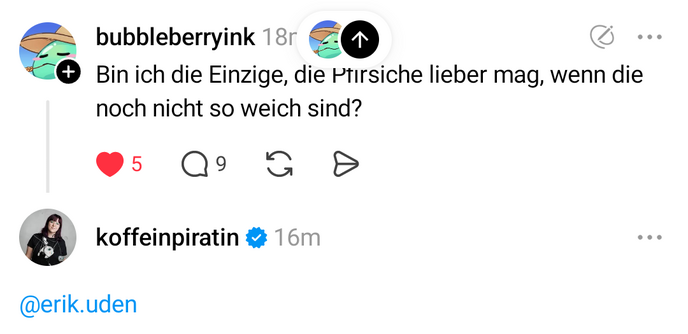 Ein Screenshot eines Threads post mit dem Inhalt „Bin ich die einzige, die Pfirsiche lieber mag, wenn die noch nicht so weich sind?”

Die Bundestagsabgeordnete Anne-Mieke Bremer antwortet mit „@erik.uden”
