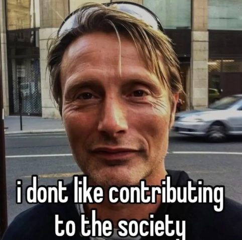 A picture of Mads Mikkelsen gently smiling with his empty, yet warm stare into the camera with text overlayed saying “I don't like contributing to the society”