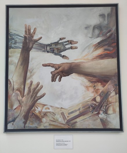 A picture showing three human and one robotic hands all grabbing nothing but reaching into the picture from outside the frame. Two gray faces are seen on the top right. Below the hands, there is rubble and destruction made of metal and plastics.

Original German title “Vereinzelt sind wir nichts, vereint alles”