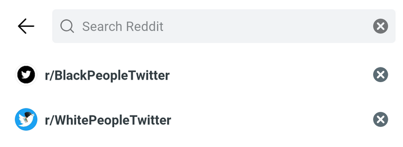 A screenshot of the two Twitter posts screenshot subreddits Reddit has called “Black People Twitter” and “White People Twitter” respectively