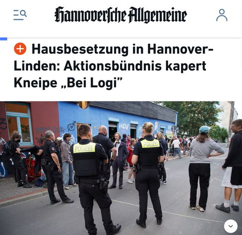 Screenshot von der Hannoversche Allgemeine (HAZ) 

Hausbesetzung in Hannover

Linden: Aktionsbündnis kapert Kneipe „Bei Logi”

Auf dem Bild ist Erik Uden zu sehen wie er drei Cops davon abhält in Das besetzte Gebäude einzudringen.