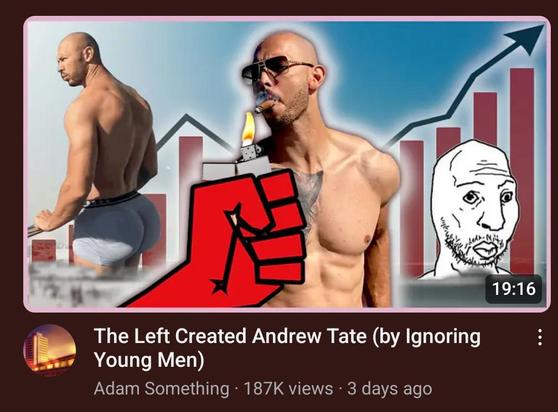 A screenshot of Adam Something called “The Left Created Andrew Tate (by ignoring Young Men)