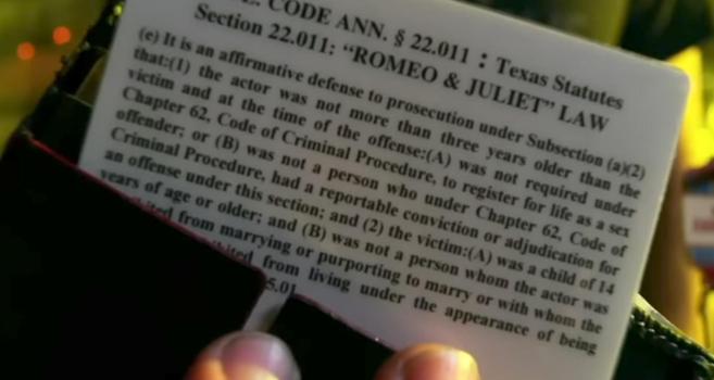 A screenshot from the movie “Transformers Age of Extinction” where a guy pulls out a printed version of Texas' “Romeo and Juliet” (age of consent) law, with the context being that he's showing the father of a way too young girl that he's legally allowed to date her.