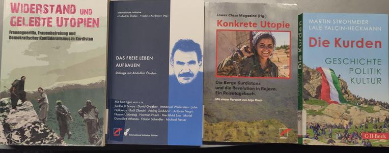 A picture of 4 books: Resistance and Lived Utopias, Building the Free Life, Concrete Utopia, The Kurds: History, Politics, Culture