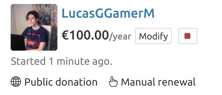 A screenshot of a LiberaPay page where it shows that LucasGGamerM (the developer of the Moshidon app) is receiving 100€ from me as a public donation.