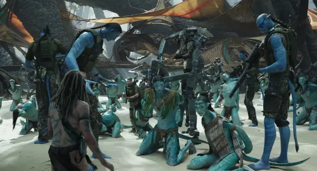 A picture of the occupiers in Avatar pointing their guns at the indigenous population