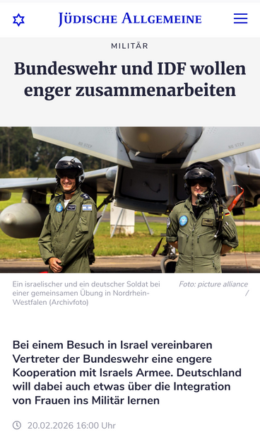 Ein Screenshot einer Zeitung von Jüdische Allgemeine: Bundeswehr und IDF wollen enger zusammenarbeiten.