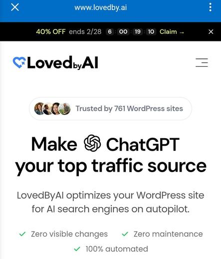 A screenshot showing an ad by a company named “Loved by AI” reading “Make ChatGPT your top traffic source”