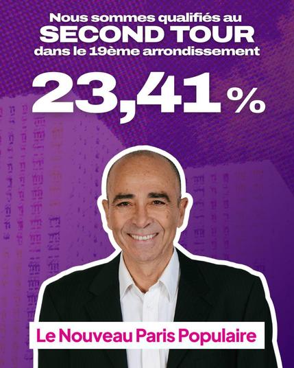 A screenshot showing a LFI candidate who won 23,42% in their district in France