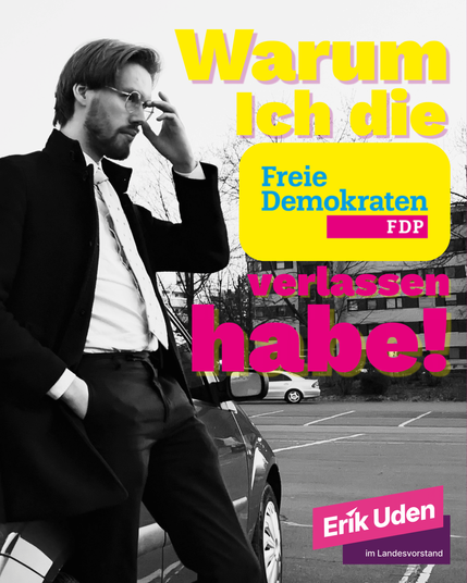 Ein Satire-Bild das Erik Uden in Schwarz Weiß in FDP Design zeigt