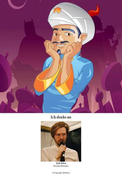 Ein Screenshot vom Akinator Spiel in dem der Akinator sagt „Ich denke an Erik Uden” und ein Bild von Erik Uden zeigtb