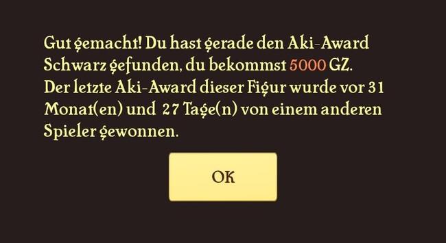 Ein Screenshot vom Akinator Spiel welches sagt „Gut gemacht! Du hast gerade den Aki-Award Schwarz gefunden, du bekommst 5000 GZ. Der letzte Aki-Award dieser Figur wurde vor 31 Monat(en) und 27 Tage(n) von einem anderen Spieler gewonnen.