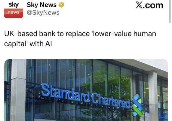A screenshot of a Sky News tweet reading “UK-based bank to replace 'lower-value human capital” with AI
