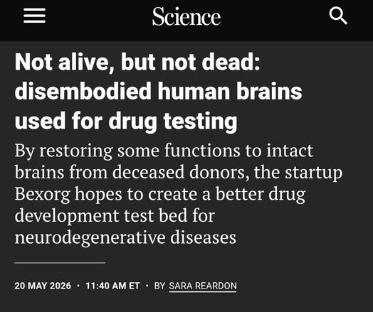 A screenshot of a science article reading:

“Not alive, but not dead: disembodied human brains used for drug testing
By restoring some functions to intact brains from deceased donors, the startup Bexorg hopes to create a better drug development test bed for neurodegenerative diseases
20 May 202611:40 AM ETBySara Reardon”