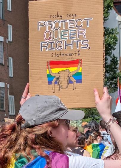 A picture of a Christopher Street Day protest in Hannover, Germany from the 23rd of May 2026 with a person holding a sign that reads “rocky says protect queer rights. statement!” below that is pictured Rocky from Project Hail Mary holding a pride flag.