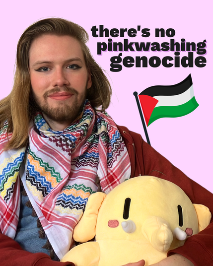 A picture of Erik Uden wearing a rainbow Kufiya by hirbawi, holding a Mastodon plushie with a Palestine flag edited in. There's text next to him reading “there's no pinkwashing genocide”