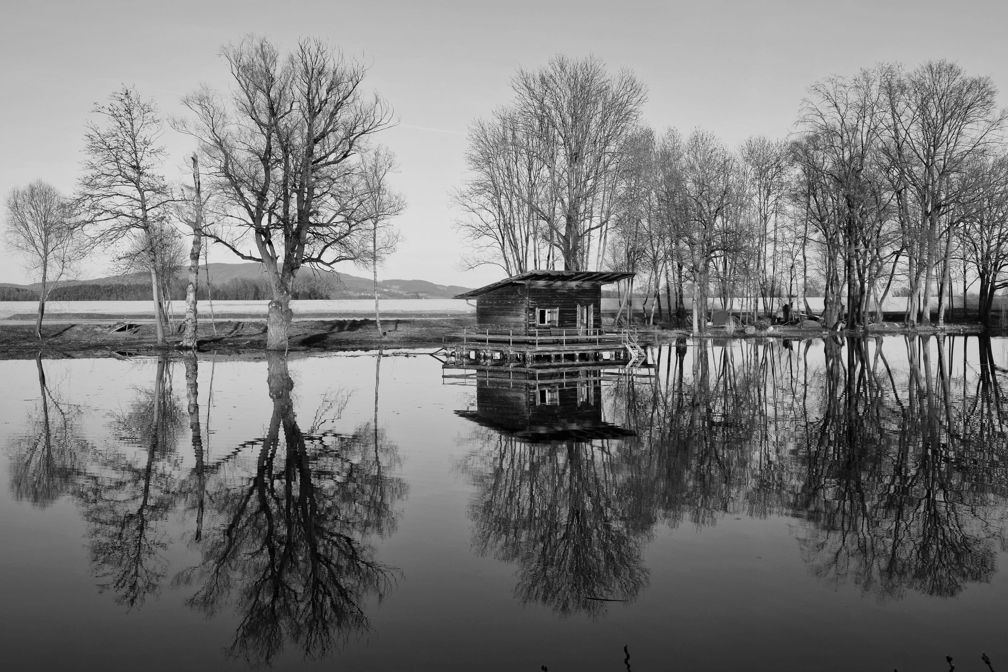 Eine Schwarz-Weiß-Fotografie zeigt eine Landschaft mit einer kleinen Holzhütte an einem stillen Gewässer, umgeben von blattlosen Bäumen. Die Bäume stehen am Ufer, und ihre Spiegelungen sowie die der Hütte sind deutlich im Wasser zu sehen. Im Hintergrund erstrecken sich flache Hügel unter einem hellen Himmel.