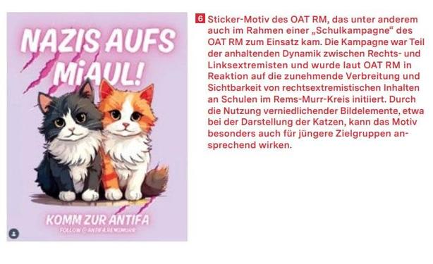Ein Screenshot aus dem Verfassungsschutzbericht Baden-Württemberg über das Jahr 2025. Darin sieht man einen Sticker der zwei Katzen zeigt worüber steht „Nazis aufs Miaul” (Miau und Maul). Und darunter „Komm zur Antifa”. Daneben erklärt der Verfassungsschutz: „Sticker-Motiv des OAT RM, das unter anderem auch im Rahmen einer „Schulkampagne" des OAT RM zum Einsatz kam. Die Kampagne war Teil der anhaltenden Dynamik zwischen Rechts- und Linksextremisten und wurde laut OAT RM in Reaktion auf die zune…