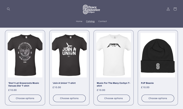 A screenshot of the newly opened Peace and Justice Project (formerly known as the Jeremy Corbyn Foundation) store selling T-Shirts with motifs like "Join a Union" or just the word "Corbyn"