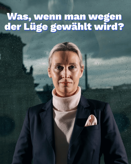 Ein Bild von Alice Weidel mit der Aufschrift „Was, wenn man wegen der Lüge gewählt wird?”