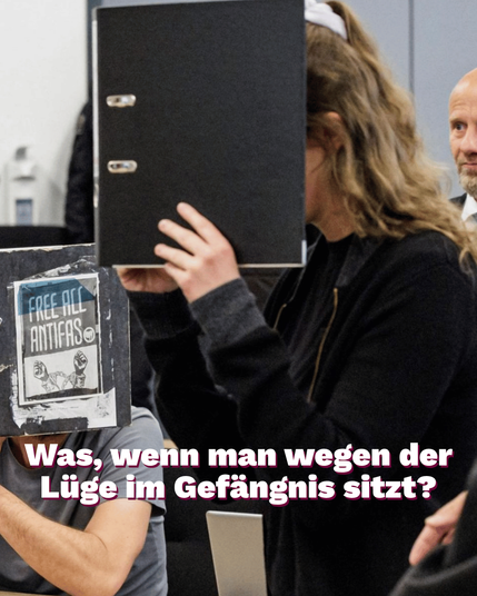Ein Bild von der Antifaschistin Lina E mit der Aufschrift „Was, wenn man wegen der Lüge im Gefängnis sitzt?”