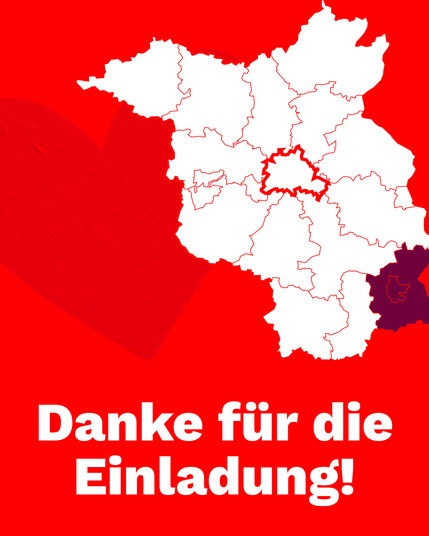 Ein Bild vom Land Brandenburg in dem der Bereich Lausitz Lila eingefärbt ist mit einem Herz daneben und der Aufschrift „Danke für die Einladung!”