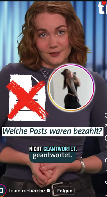 Ein Screenshot vom ARD Team Recherche Instagram Video bei welchem die Moderatorin erklärt das unklar ist welche Posts bezahlt waren.